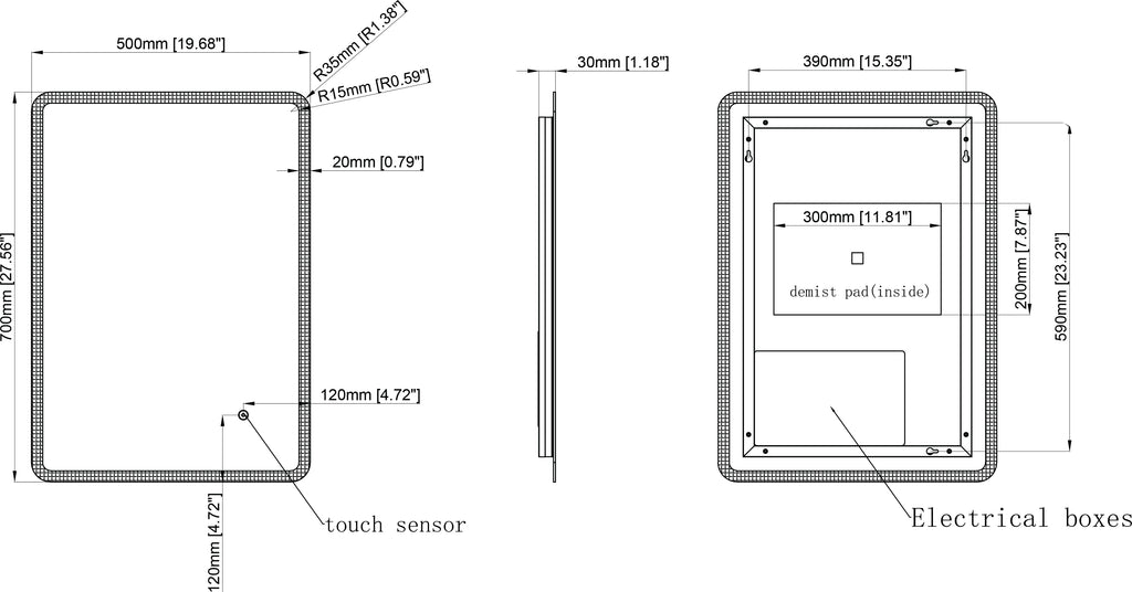Technical drawing of a rectangular device with dimensions and labeled parts on a white background