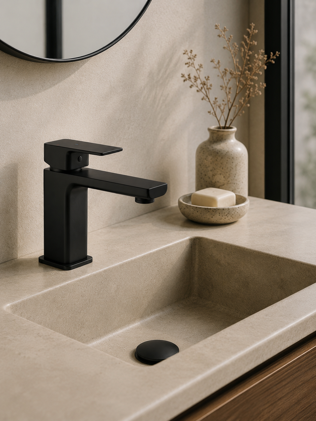 Modern black faucet on a beige sink with decorative elements in a bathroom setting.