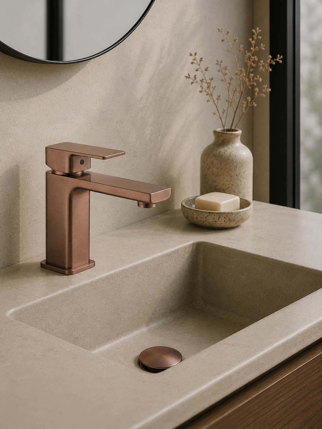 Bathroom sink with bronze faucet and decorative elements on a neutral background