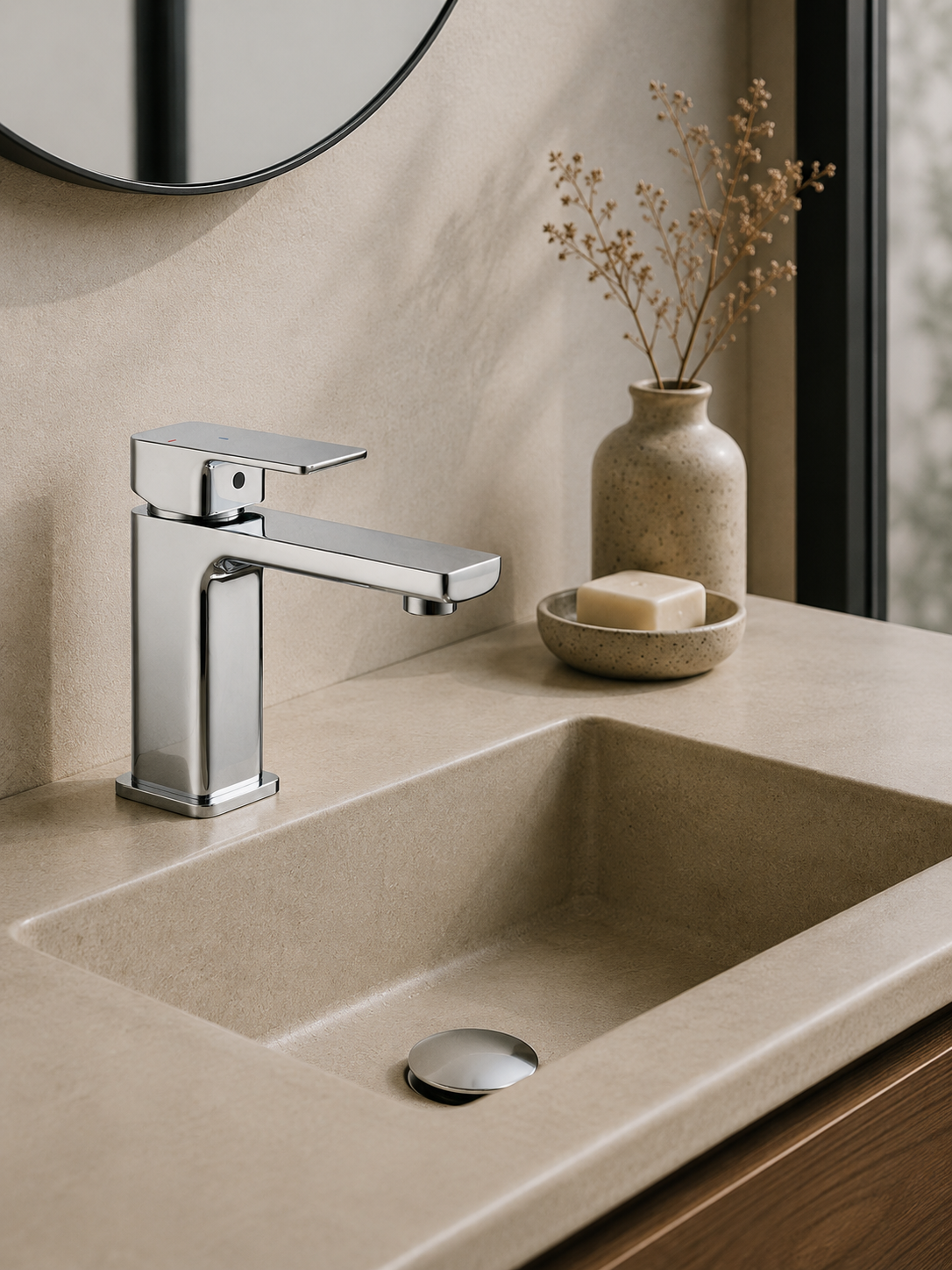 Bathroom sink with chrome faucet and decorative elements