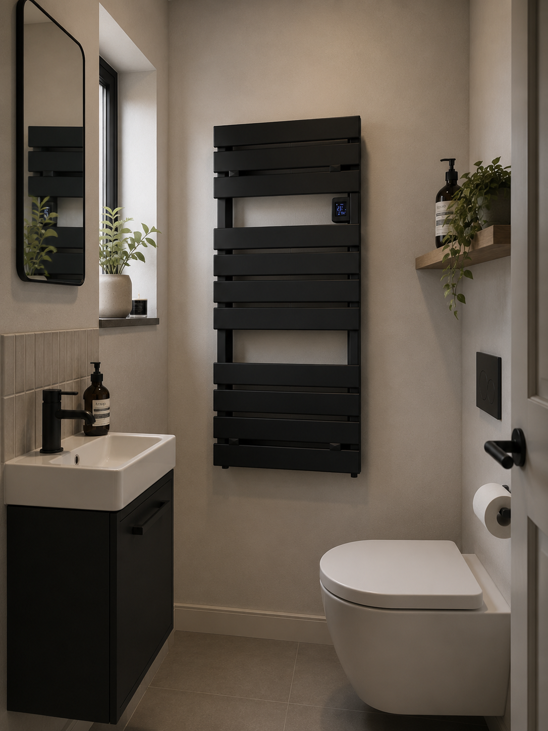 Modern bathroom interior with black towel radiator, sink, and toilet.