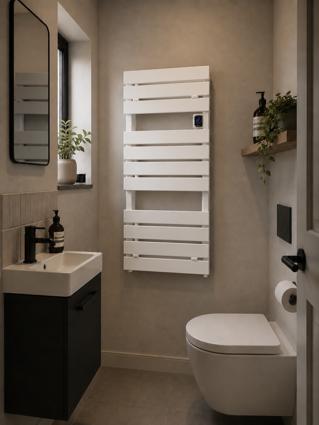 Bathroom interior with a white towel radiator, sink, and toilet.