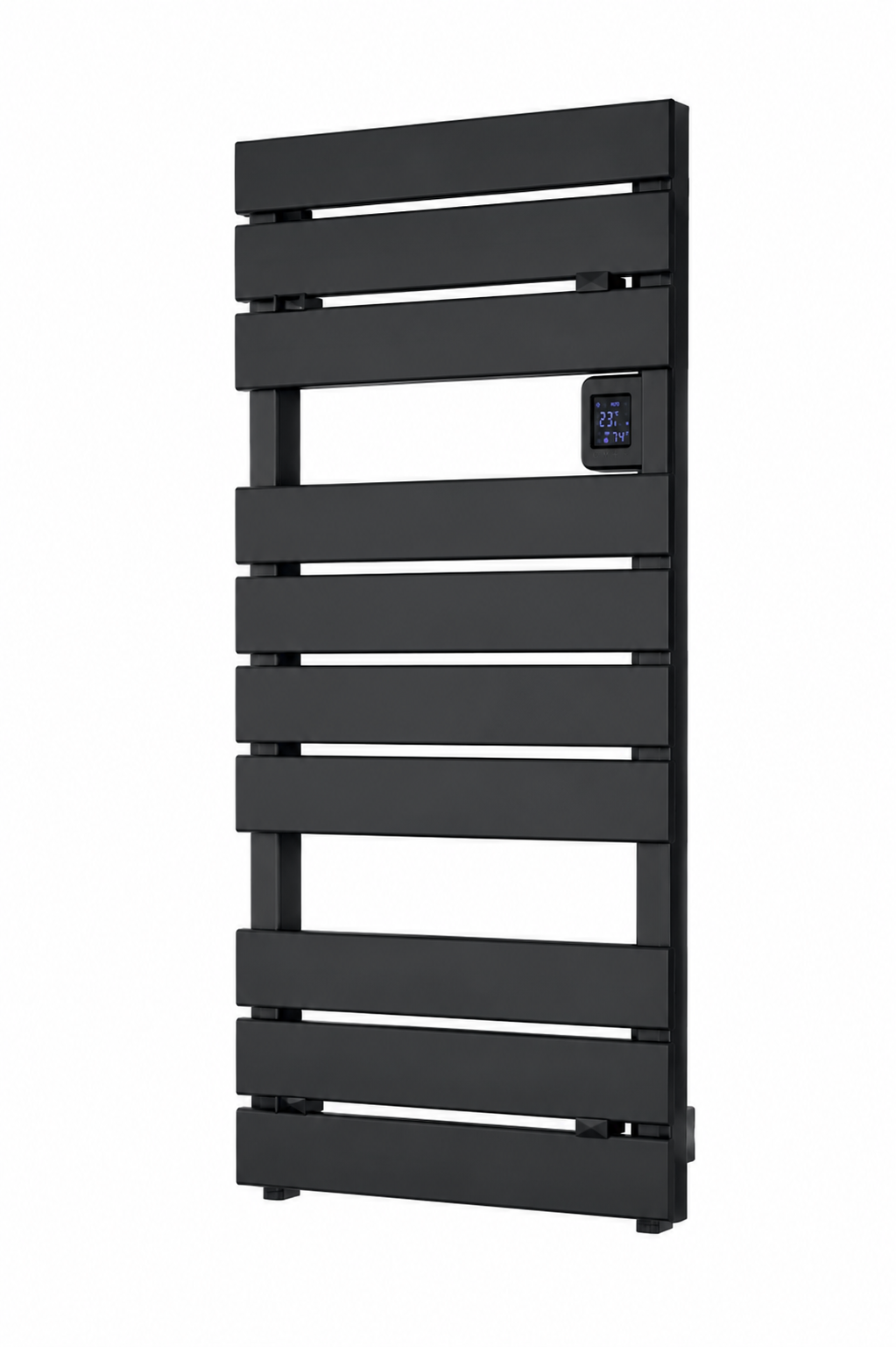 Black towel radiator with digital display on a white background