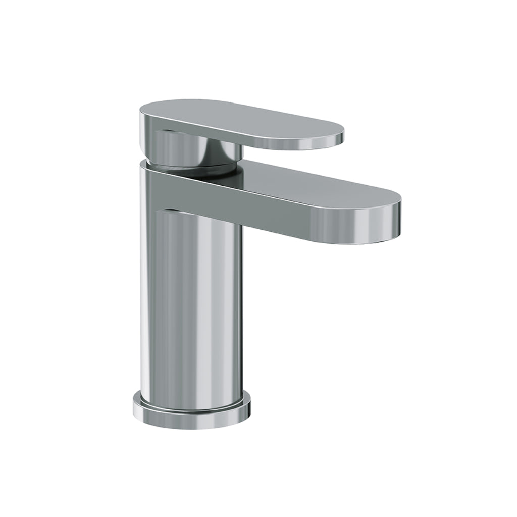 A modern single-handle bathroom faucet with a polished chrome finish, featuring a cylindrical body and a flat, elongated lever handle, shown on a solid white background.