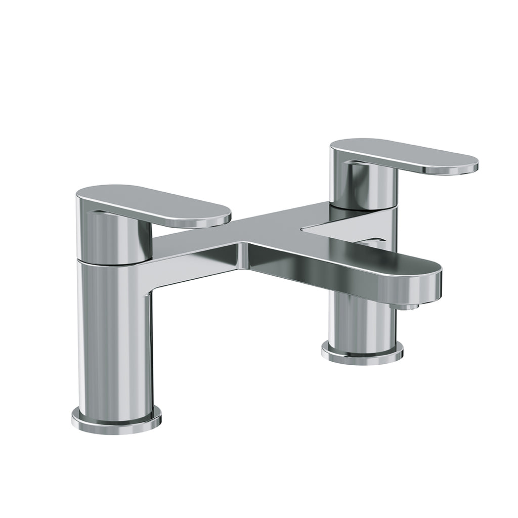 A modern two-handle bathroom faucet with a polished chrome finish, featuring a rectangular spout and separate handles on each side, shown against a plain white background.