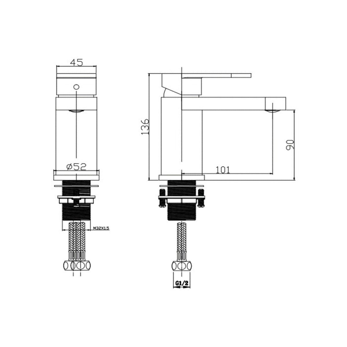 Technical dimension drawing of a modern single-handle faucet shown in side and front views with measurements including 136, 90, 101, 45, Ø52, and 922.2.
