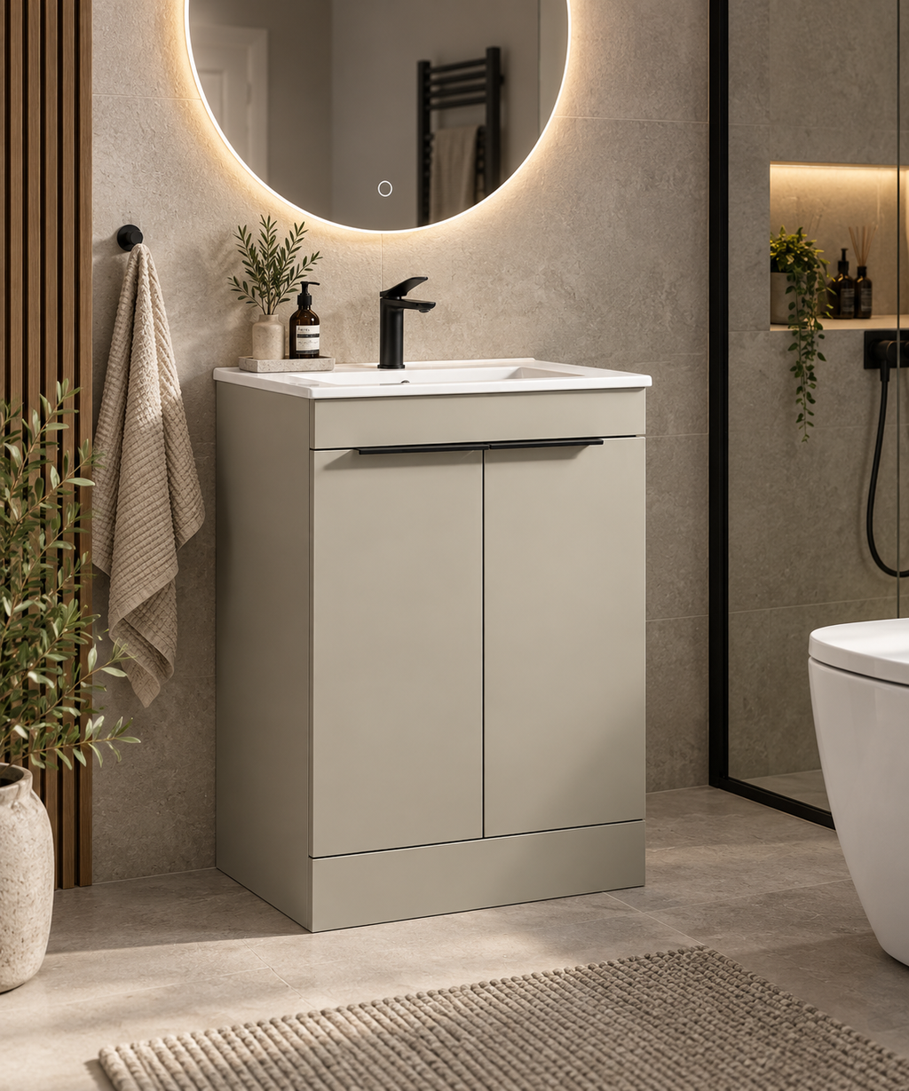 A modern bathroom vanity cabinet in a warm light gray finish, featuring a white integrated sink basin, a matte black faucet, and a sleek horizontal bar handle. The cabinet is styled in a contemporary bathroom setting with a round backlit mirror, a hanging towel, and a textured rug.