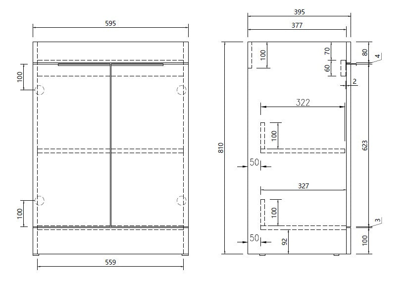 Technical dimension drawing of a rectangular panel or enclosure, shown in two orthographic views with measurement labels and arrows on a white background.