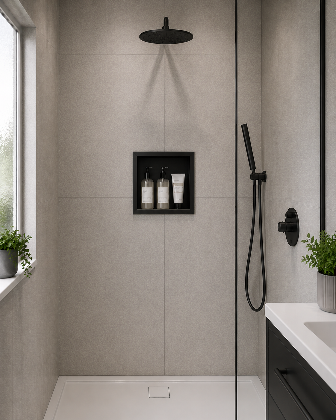 Modern bathroom shower area with matte black fixtures including a rain shower head, handheld shower, wall-mounted control, and recessed shelf with toiletries, set against light gray tiled walls beside a white vanity and glass door.