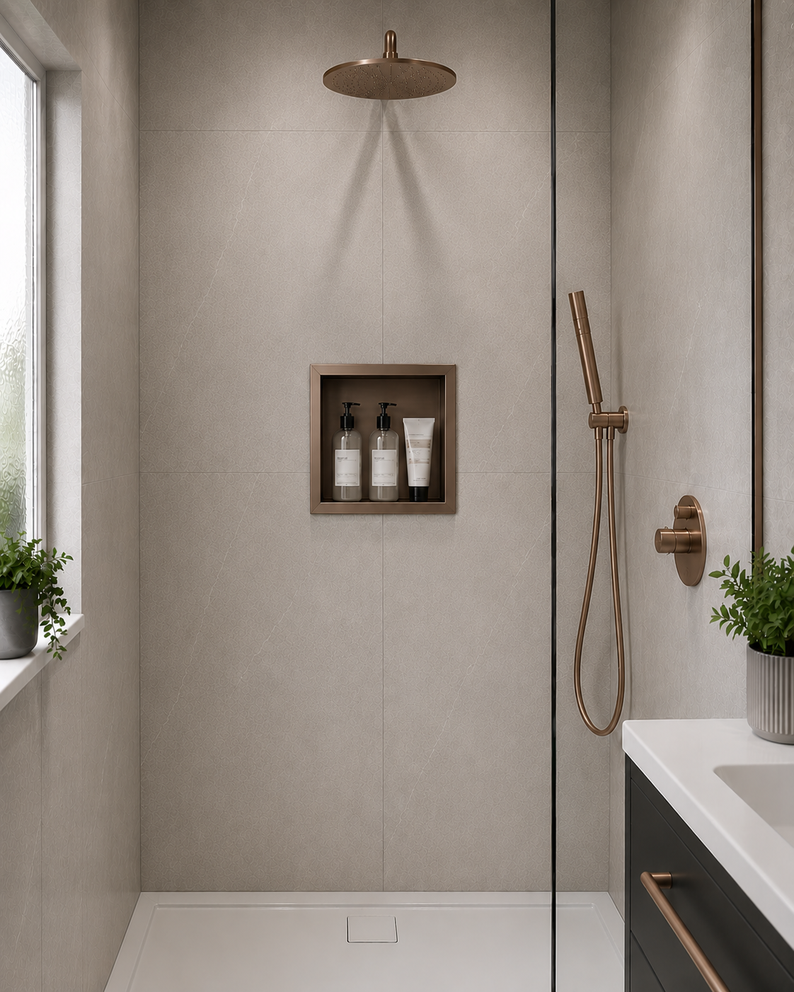 A modern bathroom shower area with light beige stone wall tiles, a recessed shelf holding three toiletry bottles, a round ceiling-mounted shower head, a handheld shower hose with a bronze-finished handle, a white countertop, and a dark cabinet with a copper-toned pull.