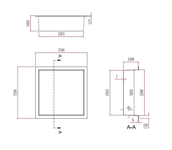 Technical drawing with dimensions of a rectangular object