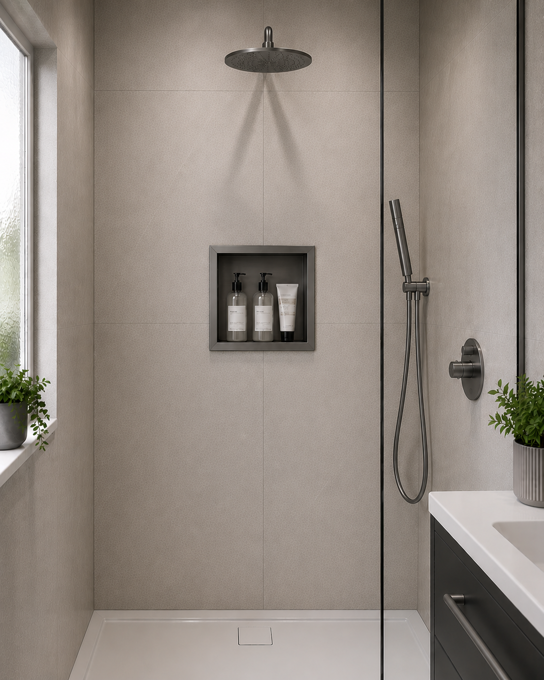 Modern bathroom shower area with large light beige wall tiles, a dark gray rain shower head, handheld shower, and wall-mounted fixture. A recessed shelf holds three toiletry bottles, and a white countertop with a sink is visible on the right.