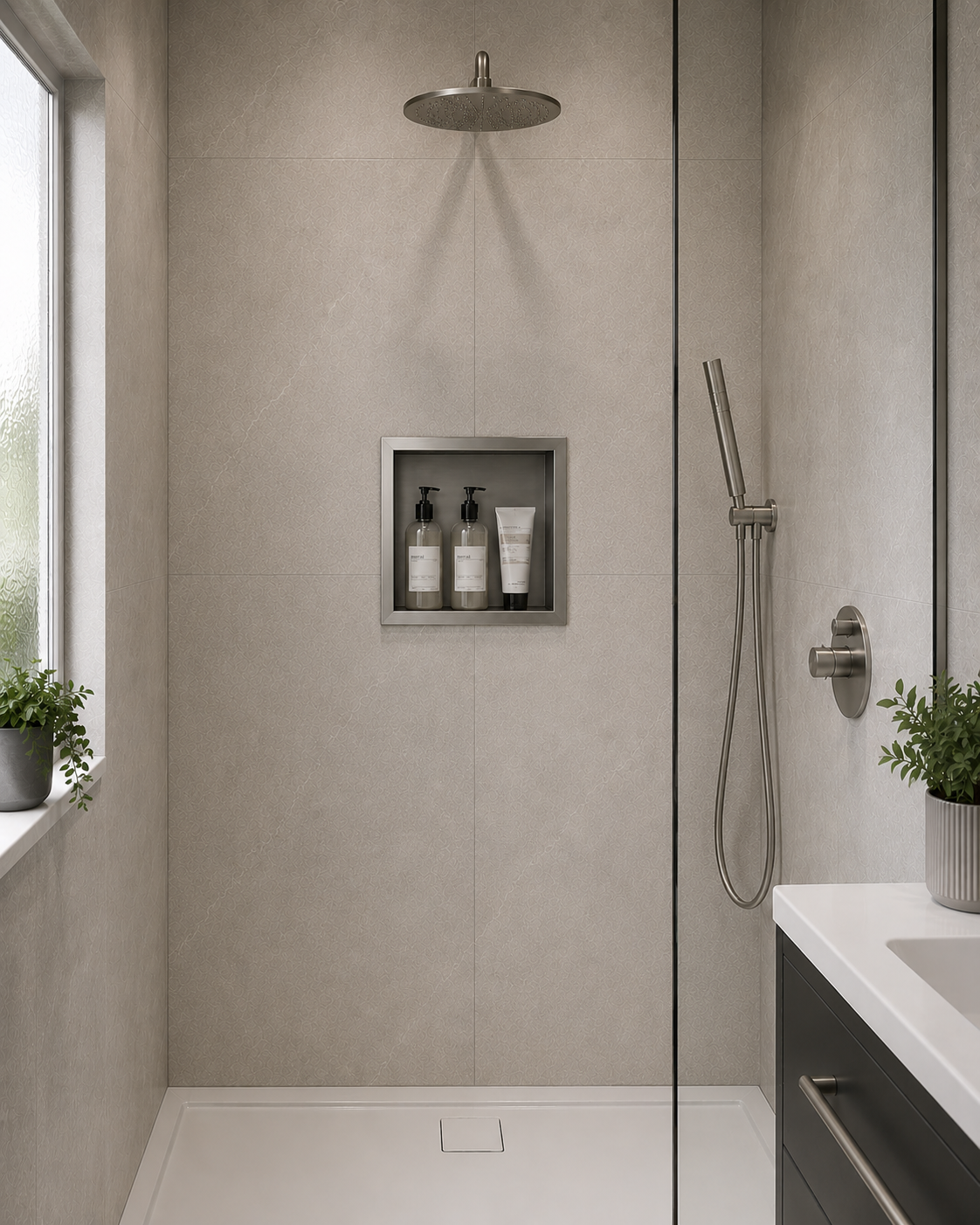 A modern minimalist bathroom shower area with light beige textured wall tiles, a recessed shelf holding three toiletry bottles, a round overhead shower head, a handheld shower hose, and a glass door frame.