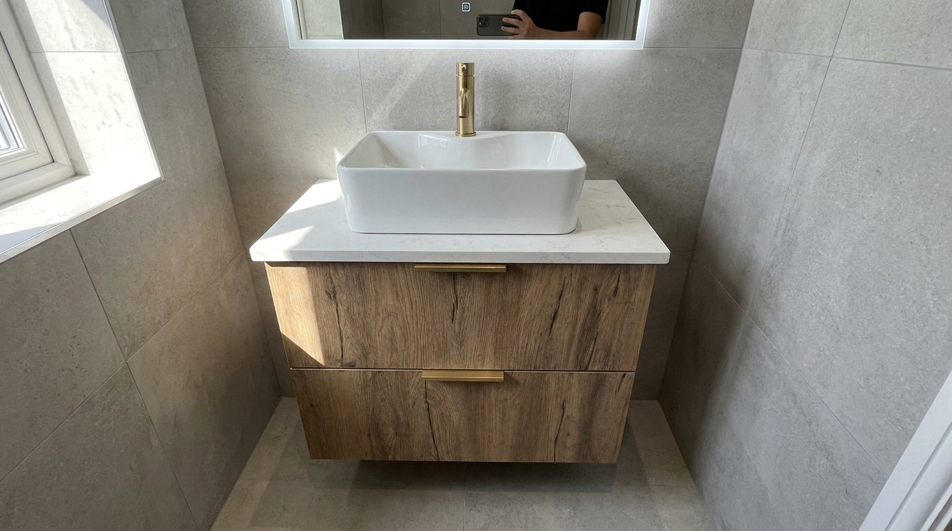 A modern floating bathroom vanity with a white rectangular vessel sink, a gold faucet, and a wood-grain cabinet, set against gray tiled walls.