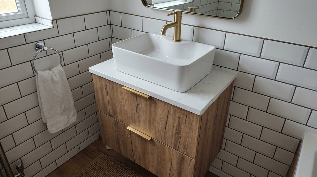 A modern bathroom vanity featuring a white rectangular vessel sink, a white countertop, and a wood-grain cabinet with gold-tone handles, set against white subway tile walls.