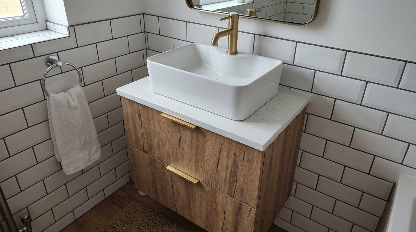 A modern bathroom vanity featuring a white rectangular vessel sink, a white countertop, and a wood-grain cabinet with gold-tone handles, set against white subway tile walls.