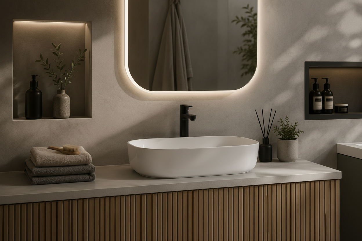 Modern bathroom vanity with sink, mirror, and decorative elements.