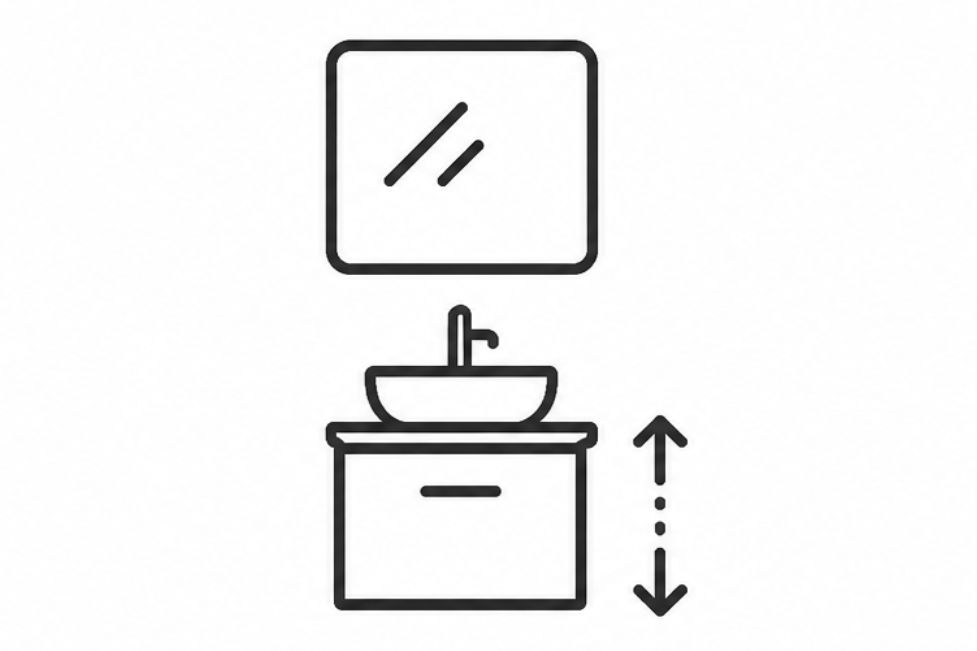 Line drawing of a bathroom setup with a sink and mirror on a white background