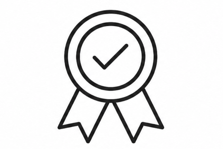 Black and white icon of a ribbon with a check mark on a white background