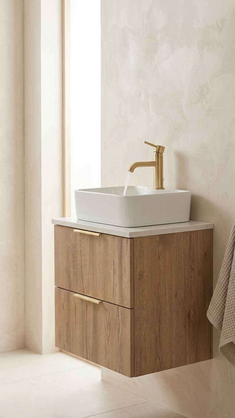 A modern floating bathroom vanity with a light oak wood finish, a white countertop, a white rectangular vessel sink, and a brushed gold faucet, shown against a textured beige wall.